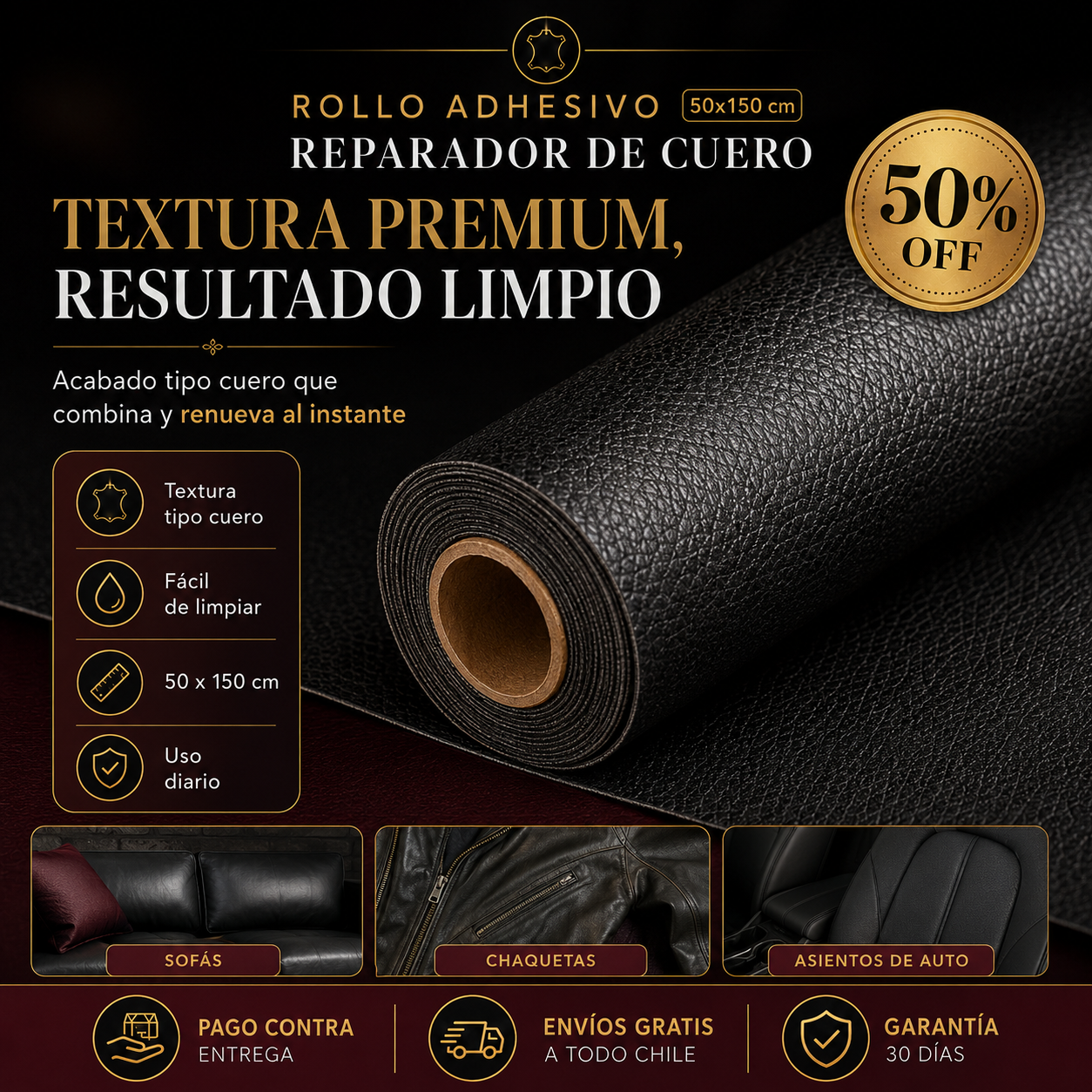 Rollo Adhesivo Reparador de Cuero 50x150cm New